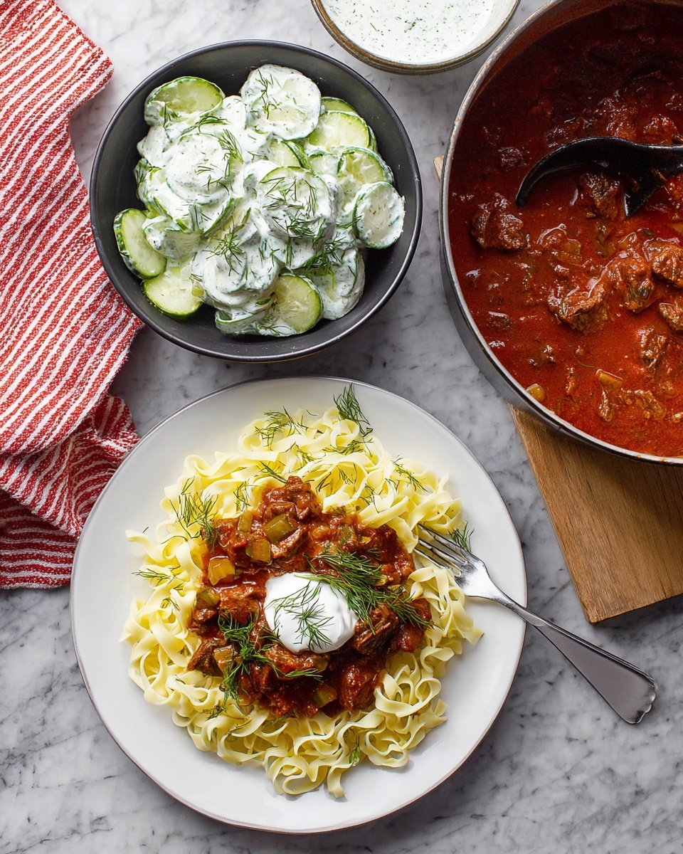 A white plate on a white marbled surface holds a serving of light yellow egg noodles arranged in a loose pile, topped with a thick red-brown beef stew sauce containing chunks of beef and small pieces of vegetables, garnished with a small dollop of white sour cream and green dill sprigs in the center. Above it, a black bowl contains thinly sliced pale green cucumber pieces covered in a creamy white dressing with visible bits of fresh green dill and a few whole dill sprigs on top. To the right, a large pot filled with the same red-brown beef stew sauce sits on the white marbled texture, partially covered with a black ladle, next to a wooden cutting board holding a white bowl of creamy dressing and a red and white striped kitchen towel. photo taken with an iphone --ar 4:5 --v 7