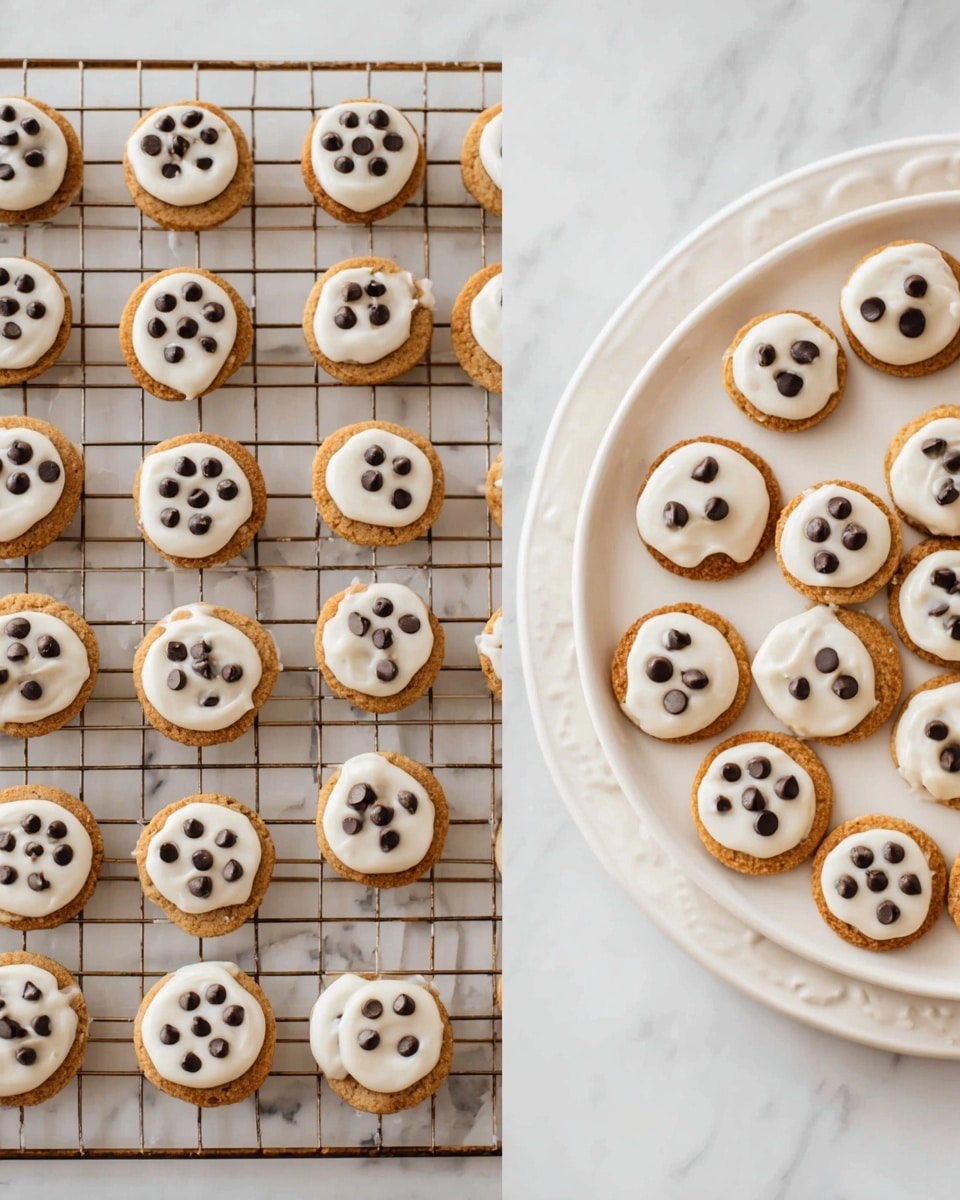 The image on the left shows 30 small round cookies placed in a 6x5 grid on a cooling rack above a white marbled surface. Each cookie has a light brown base with a smooth layer of white icing on top, and half of the cookies are decorated with three small dark brown spots resembling chocolate chips arranged in a triangular pattern. The image on the right shows a white plate full of similar cookies, each with the same white icing and three small dark spots, arranged closely together in an overlapping circular pattern on a white marbled surface. photo taken with an iphone --ar 4:5 --v 7