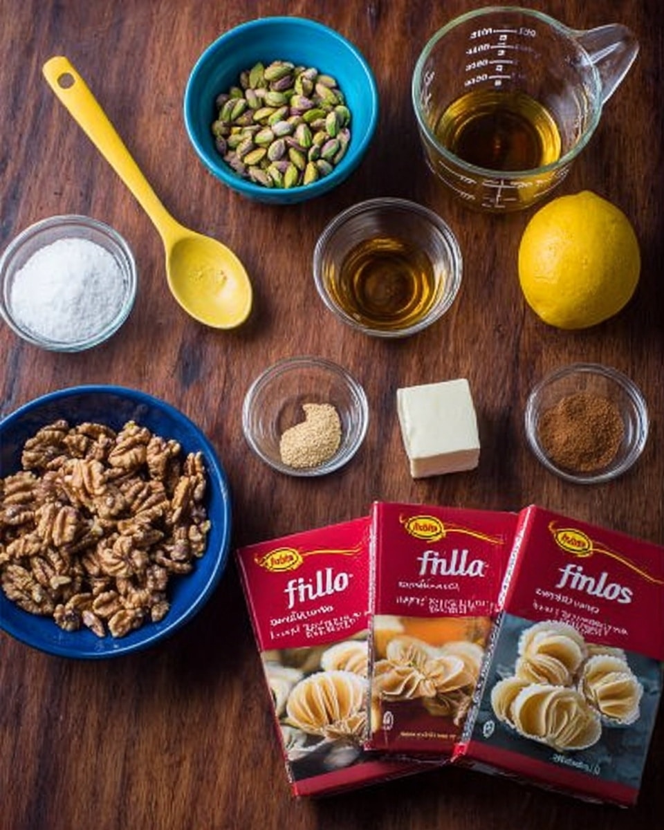 The image shows a wooden table with eight ingredients for cooking. There is a yellow spoon filled with white sugar on the left, a blue bowl with green pistachios slightly behind it, and a glass measuring cup with a brown liquid on the top right. To the right of the pistachios is a whole yellow lemon. Below the lemon, there is a small glass bowl with a white block, likely butter, and next to it a small glass bowl filled with brown cinnamon powder. On the left above the sugar, there is a large bowl filled with walnut halves. In the front center, two red-colored boxes of mini fillo shells with pictures of shell-shaped pastries on them rest on the table. The scene is set on a dark wooden surface. photo taken with an iphone --ar 4:5 --v 7