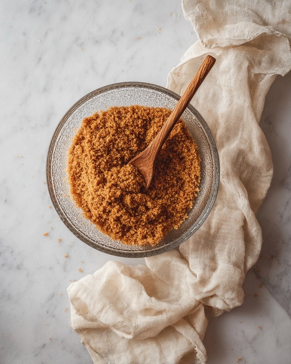 A clear glass bowl with a textured rim sits on a white marbled surface, filled with a crumbly mixture of brown sugar that has a coarse, sandy texture. Resting inside the bowl is a wooden spoon with a natural grain pattern, partially covered by the brown sugar. Next to the bowl is a crumpled, off-white linen cloth adding soft texture to the scene. Photo taken with an iphone --ar 4:5 --v 7