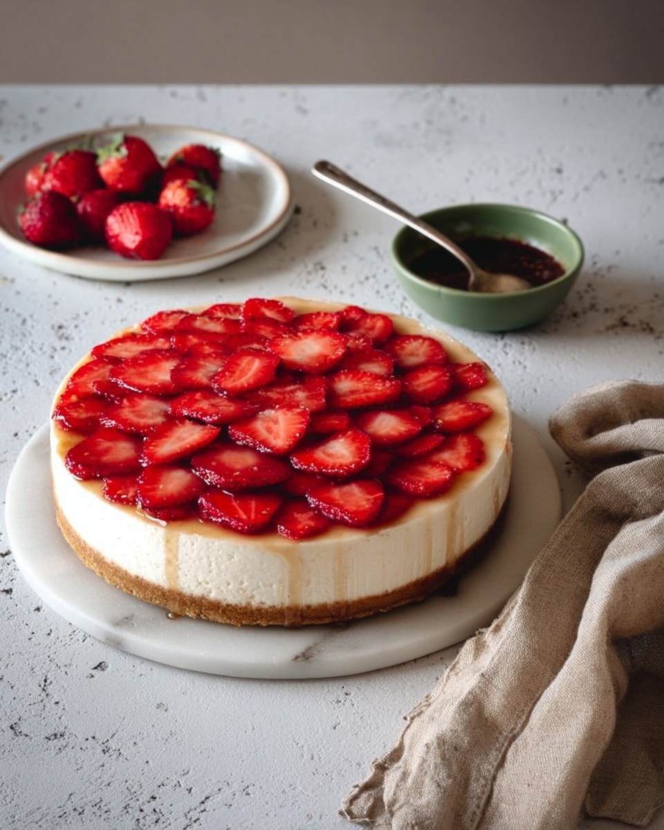 A round cheesecake with a light golden crust at the bottom, topped with a thick creamy white layer, and covered with even, glossy red strawberry slices arranged in close rows on the top. The cake sits on a white marbled textured surface with a white plate filled with extra sliced strawberries and a spoon to the left. To the right, a green bowl with dark sauce and a beige linen cloth are placed casually. Photo taken with an iphone --ar 4:5 --v 7