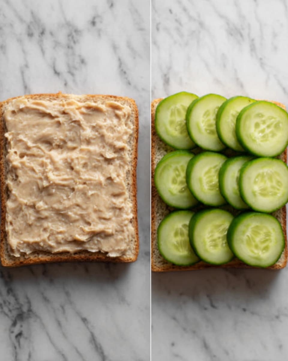The image shows two square slices of bread on a white marbled surface. The slice on the left has a thick layer of creamy, light brown spread with a textured surface. The slice on the right is topped with a neat layer of green cucumber slices, arranged in three rows covering the entire bread surface. Both slices are simple and fresh-looking. photo taken with an iphone --ar 4:5 --v 7