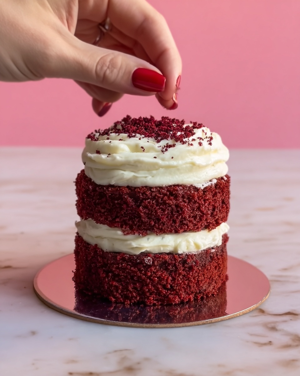 A small two-layer red velvet cake sits on a round reflective surface placed on a white marbled texture. The bottom layer is thick, dark red, and textured. On top of it is a thick white creamy frosting layer, swirled smoothly. The upper cake layer matches the bottom one in size and texture, dark red and moist. Another thick layer of white frosting is swirled decoratively on top. A woman's hand with red nail polish sprinkles small dark red crumbs over the top frosting. The background is light pink. photo taken with an iphone --ar 4:5 --v 7