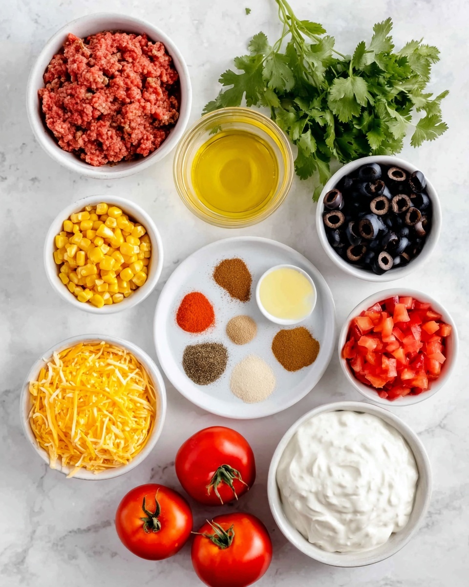 The image shows twelve bowls and items arranged on a white marbled surface. The top row has a white bowl with raw ground meat on the left, a clear glass filled with yellow liquid in the middle, and fresh green cilantro leaves on the right. Below them, there is a white round plate with four spices arranged in a circle: red, brown, light tan, and reddish brown, a small white bowl of melted butter, and a white bowl with sliced black olives. Further down, a white bowl contains bright yellow corn kernels on the left and a small white round bowl of chopped red tomatoes near the center. On the bottom left, a white bowl is filled with shredded yellow cheese, while to the right, there is a wider white bowl full of thick white sour cream. In the very front center, three whole red tomatoes on green stems lie directly on the marbled surface. Photo taken with an iphone --ar 4:5 --v 7