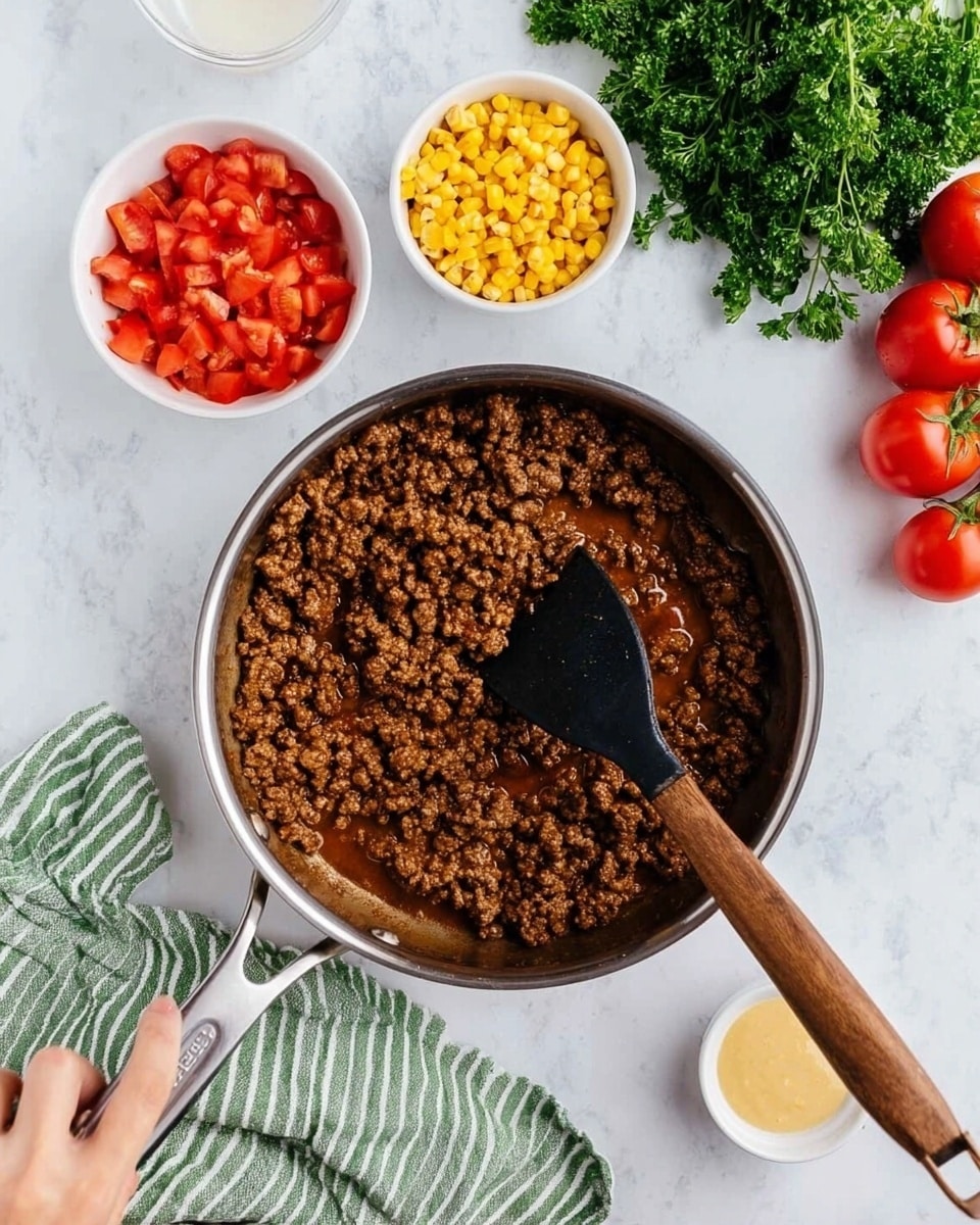 A silver pan filled with cooked ground beef in a brown sauce sits on a white marbled surface. A woman's hand holds a black spatula with a wooden handle placed inside the pan, stirring the beef. Around the pan, a small white bowl of yellow corn kernels, a small white bowl of chopped red tomatoes, and a small white bowl with a pale yellow sauce are arranged. To the right, fresh red tomatoes on the vine and green parsley add color to the scene. A green and white striped cloth lies next to the pan. Photo taken with an iphone --ar 4:5 --v 7
