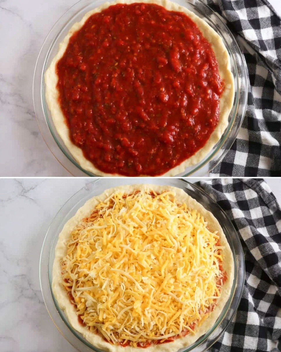 The image shows the process of making a pizza in two steps. The top part has a round pizza dough layer topped with a thick, bright red tomato sauce spread evenly shown with some small bits of herbs mixed in. Below, the same pizza is shown now with a layer of shredded yellow cheese evenly spread over the tomato sauce. The pizza sits on a clear round pie dish placed on a white marbled surface next to a black and white checkered cloth. Photo taken with an iphone --ar 4:5 --v 7