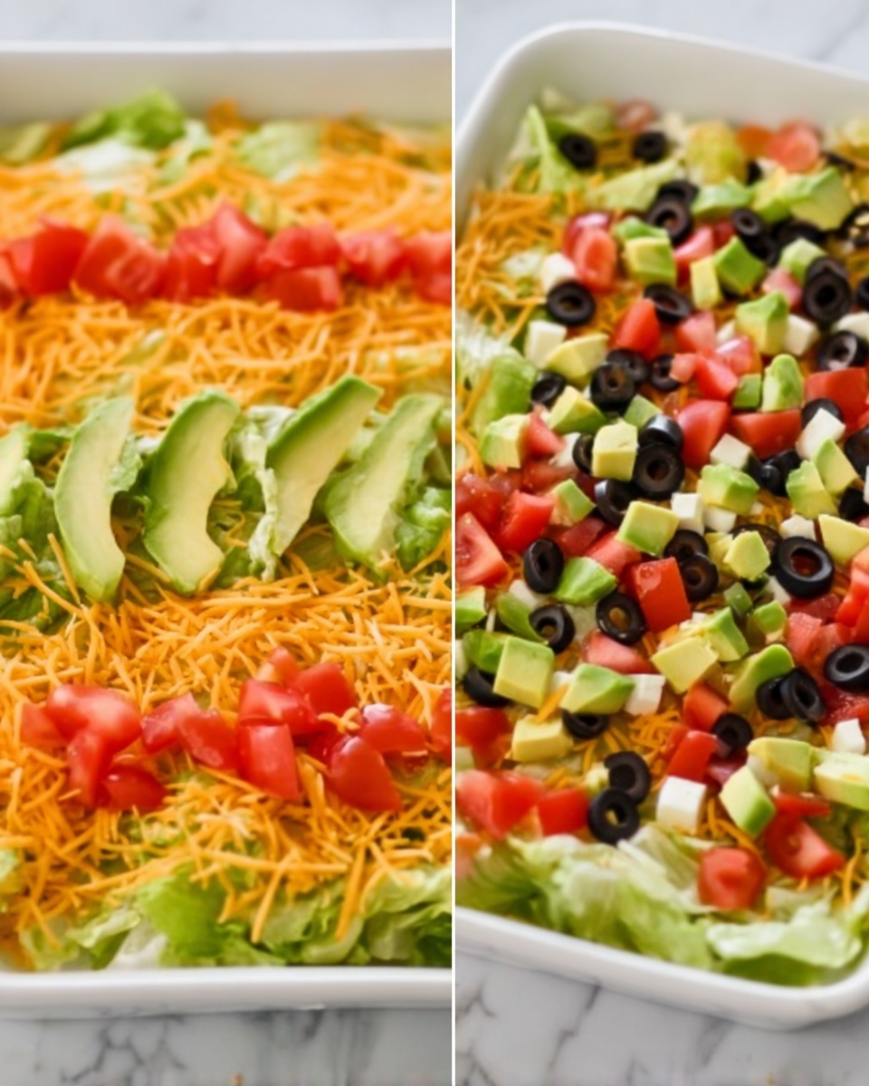 The image shows a rectangular white dish with a layered salad. The bottom layer is green lettuce leaves, followed by a layer of shredded cheddar cheese that is bright orange. On top of the cheese, there are small chunks of red tomato scattered evenly. The second image adds more toppings, including slices of avocado, black olives, and small white pieces of cheese spread across the salad. The dish is placed on a white marbled surface. Photo taken with an iphone --ar 4:5 --v 7