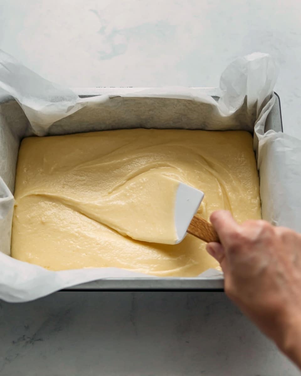 The image shows a close-up of a white rectangular baking pan lined with parchment paper, filled with a smooth, thick, pale yellow batter. A woman's hand is holding a spatula, spreading the batter evenly inside the pan. The spatula and batter have creamy, soft textures, and the background has a white marbled texture. The overall scene gives a clean and calm feeling, focusing on the preparation stage of baking. photo taken with an iphone --ar 4:5 --v 7