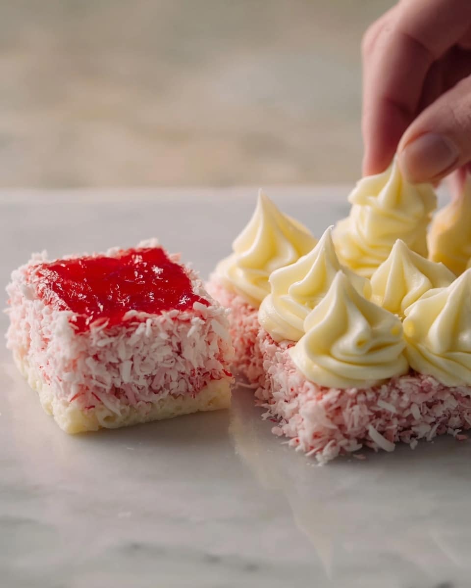 Two small square treats are shown on a white marbled surface. Each square has a base layer covered completely with pink and white shredded coconut. On the left square, a shiny red jelly layer is spread evenly on top of the coconut. On the right square, a woman's hand is piping dollops of thick, pale yellow cream in neat peaks all over the top. The background is softly blurred. Photo taken with an iphone --ar 4:5 --v 7