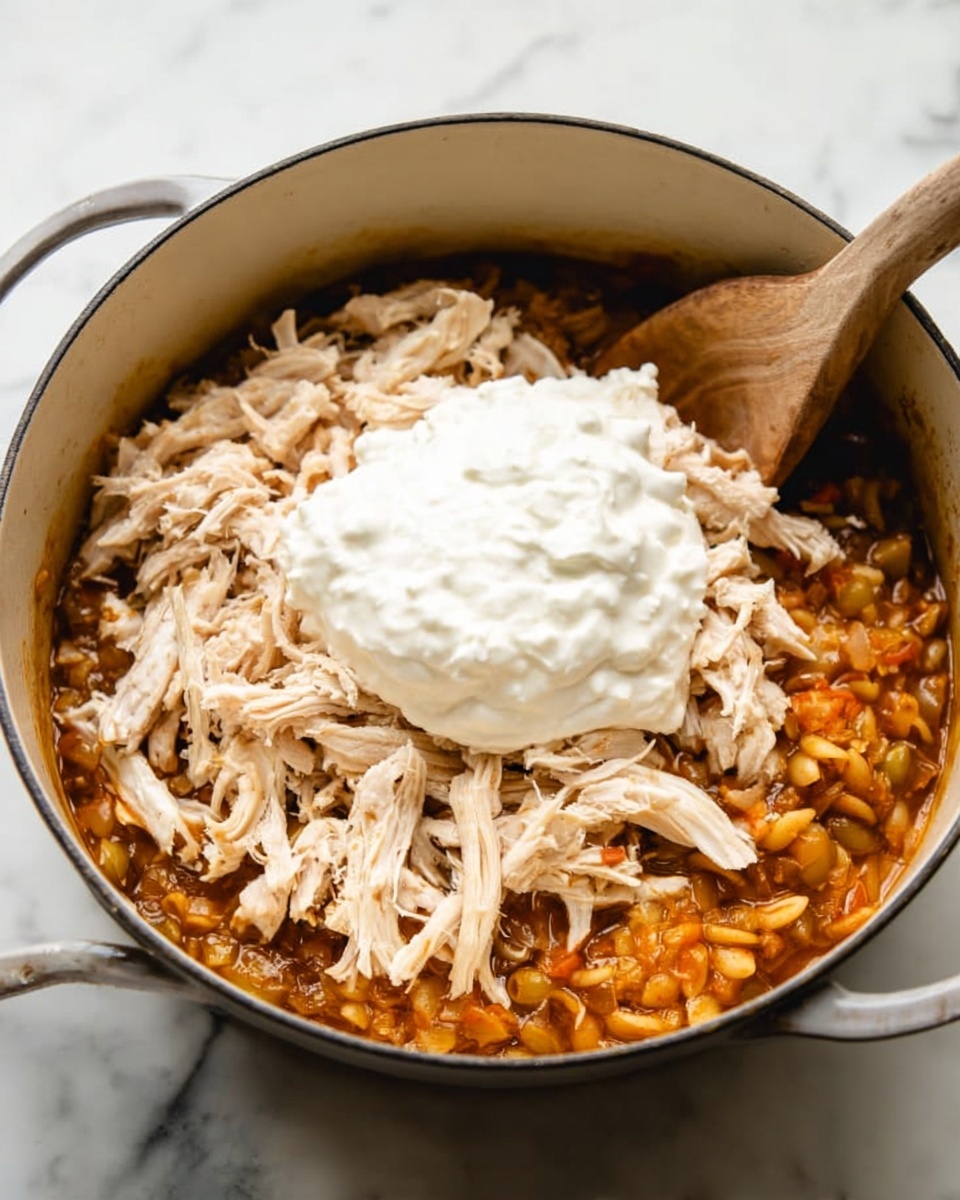 A white pot filled with three layers of food sits on a white marbled surface. The bottom layer is a chunky orange and brown stew with visible small pasta pieces and vegetables. The middle layer consists of shredded pale meat spread evenly on top of the stew. The top layer is a dollop of thick white creamy sauce placed in the center of the shredded meat. A wooden spoon leans against the pot's edge, partially inside the food. photo taken with an iphone --ar 4:5 --v 7