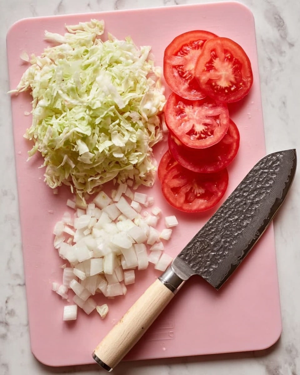 A pink cutting board sits on a white marbled surface with three groups of sliced ingredients arranged neatly. On the left side, shredded pale green lettuce forms the first layer, showing thin, soft textures. To the right of the lettuce, five round, red tomato slices are neatly stacked, showing juicy and fresh insides. At the bottom, small white diced pieces of onion create a compact pile, revealing a smooth and slightly shiny texture. A sharp knife with a textured black blade and a light wooden handle lies diagonally across the cutting board, its blade resting just above the diced onions. Photo taken with an iphone --ar 4:5 --v 7