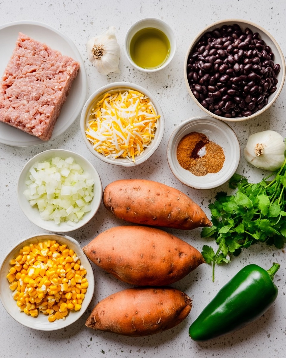 The image shows an arrangement of cooking ingredients on a white marbled surface. Four large sweet potatoes sit in the middle, lined up horizontally with their smooth, orange skin visible. Around them, several small white bowls hold different ingredients: shredded cheese with a pale yellow color in one, cooked corn kernels with a golden hue in another, finely chopped white onions in a third, and black beans in a bowl with ribbed sides. A small bowl contains a greenish-yellow oil, another holds a brownish spice, and a separate small bowl has salt. There is a block of uncooked pale pink ground meat on a white plate near the top left. Some fresh green cilantro sprigs and two cloves of garlic rest near a large shiny green poblano pepper on the top right side. A fresh, dark green jalapeño pepper is placed below the sweet potatoes. The ingredients are neatly spaced in a clean, organized way. Photo taken with an iphone --ar 4:5 --v 7