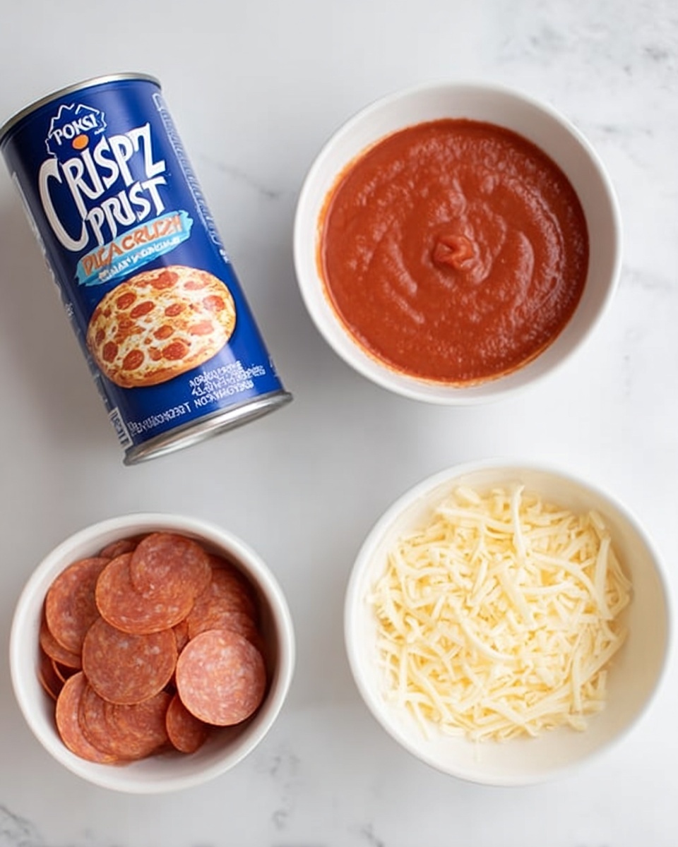The image shows a white marbled surface with three small white bowls and a tall can standing. The first bowl holds a smooth red pizza sauce with a thick texture. The second bowl contains many round slices of pepperoni stacked loosely. The third bowl is filled with finely shredded pale yellow cheese, almost overflowing. The tall can on the left side has a blue label featuring the text