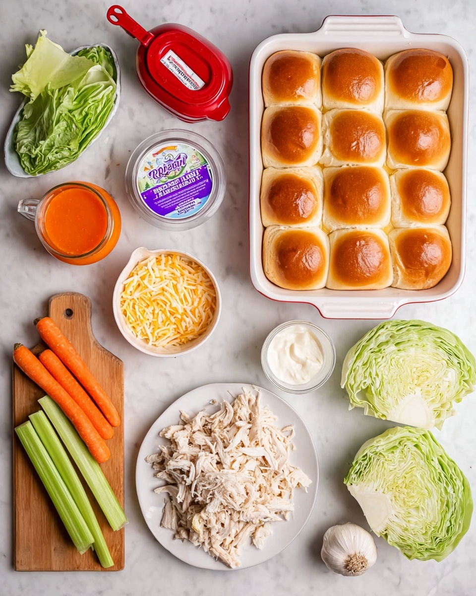 The image shows an overhead view of ingredients neatly arranged on a white marbled surface. On the right side, there is a white baking dish filled with nine golden brown dinner rolls in a 3x3 grid. Below it, a white plate holds shredded cooked chicken. To the left of the chicken, a small white bowl contains white creamy dressing and is next to a container of buttermilk ranch dip with a purple label. Above the chicken, another small white bowl is filled with shredded yellow cheese. Near the top middle, there is a glass measuring cup with bright orange buffalo sauce. To the left side, a wooden board holds two large carrots, several green celery stalks, and two green cabbage wedges. Near the board, a whole garlic bulb sits on the marble surface. In the center top, a red butter dish holds a stick of butter. The photo is taken with an iphone --ar 4:5 --v 7