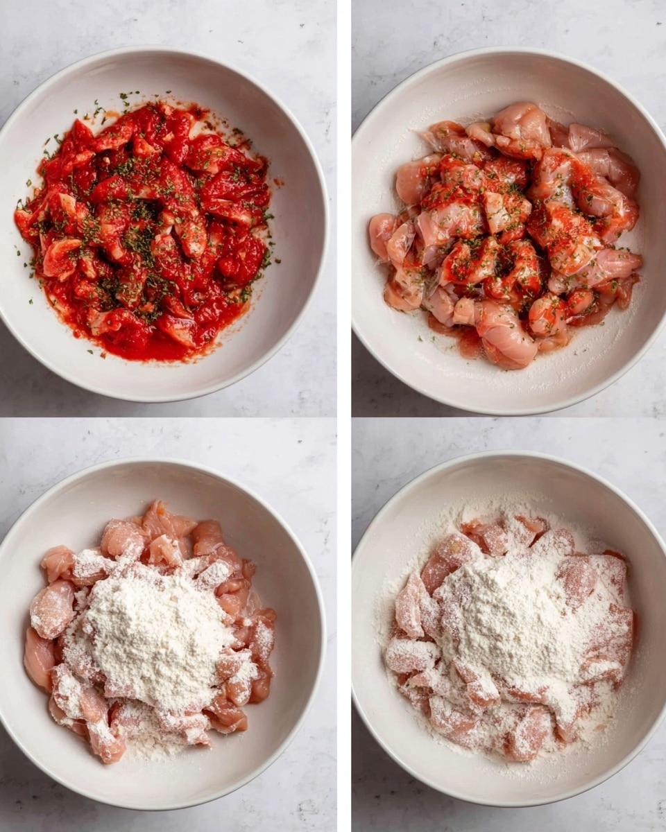 Three side-by-side images show a white bowl on a white marbled surface with small pieces of raw chicken. In the first image, the chicken is topped with red tomato sauce and green herbs sprinkled evenly. The second image shows the same chicken mixed with a pile of white flour on top, while the third image shows the chicken fully mixed with the flour, creating a light powdery coating on the pink chicken pieces. Photo taken with an iphone --ar 4:5 --v 7