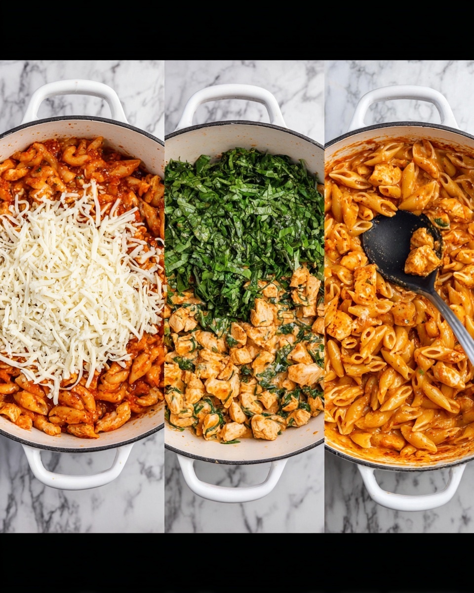 A white pan filled with layers of cooked pasta in red sauce and small pieces of seasoned chicken on top. In the next white pan, the pasta in red sauce is topped with a large pile of white shredded cheese and fresh chopped spinach leaves added in the center. The last white pan shows the final mix, creamy orange sauce covering the pasta and chicken, with bits of green spinach evenly mixed throughout the dish, and a black spoon resting in the pan. The pans are set on a white marbled surface. photo taken with an iphone --ar 4:5 --v 7