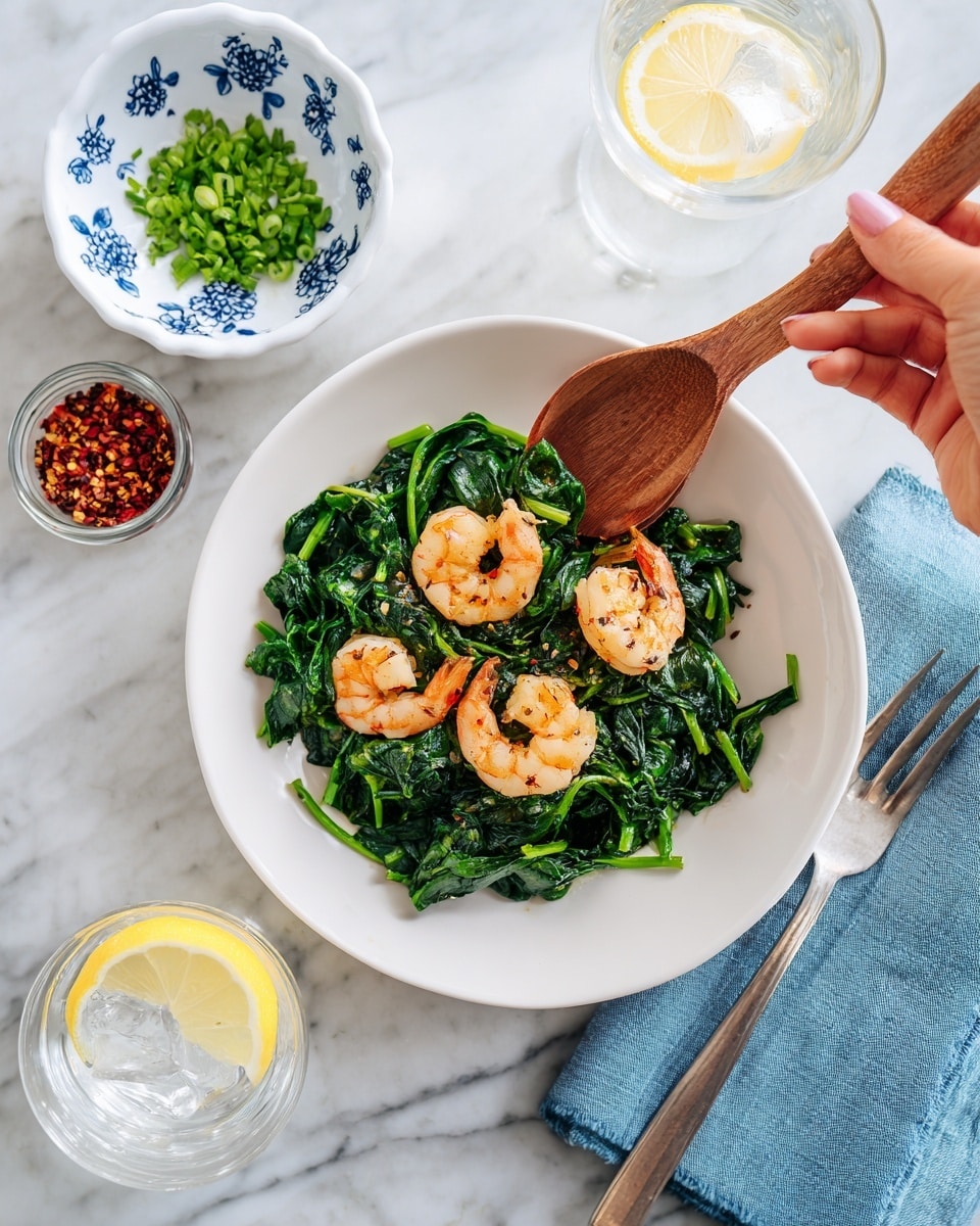 A white plate is filled with a layer of cooked dark green spinach leaves at the bottom. On top of the spinach, there are three cooked shrimp with a light golden color. A woman's hand with a wooden spoon is in the process of placing or moving the shrimp. To the top left of the plate, there is a small white bowl with blue floral designs holding chopped green herbs. Below that bowl is a small clear glass container with red chili flakes. At the bottom left corner, there is a clear glass of water with ice and a lemon wedge. A silver fork lies next to a folded blue cloth napkin on the right side. The whole scene is set on a white marbled surface. Photo taken with an iphone --ar 4:5 --v 7