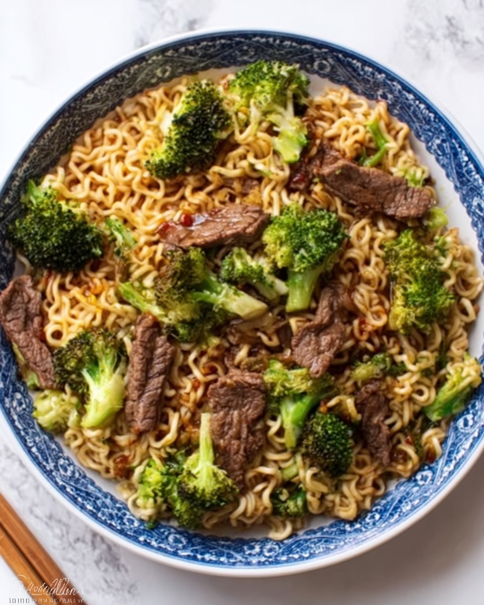 The image shows a white plate with blue patterns filled with cooked instant noodles mixed with green broccoli pieces and brown slices of beef. The noodles look soft and slightly shiny, covering the bottom layer of the plate. Bright green broccoli florets are placed evenly throughout the noodles, with a few pieces standing upwards, showing their texture. Thin, tender pieces of beef are scattered on top of the noodles and broccoli, adding a darker brown color that contrasts with the green and light brown noodles. The dish is on a white marbled surface, and a pair of wooden chopsticks is placed near the plate. Photo taken with an iphone --ar 4:5 --v 7