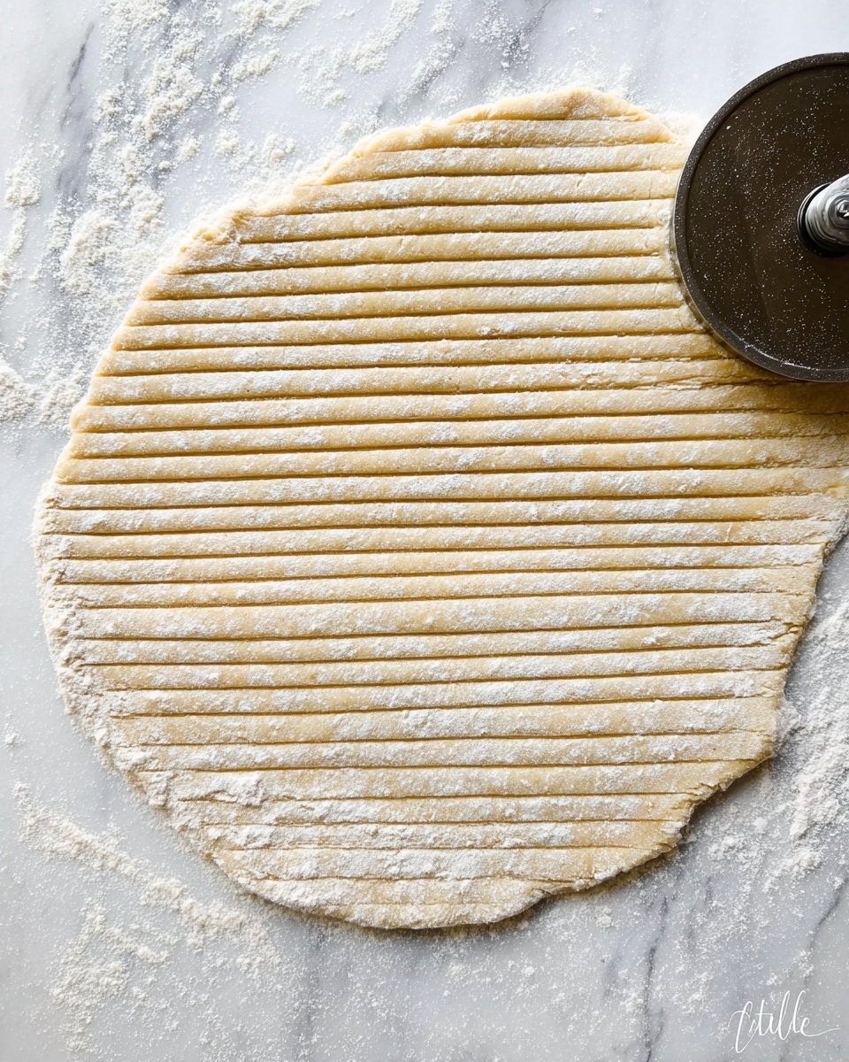 A sheet of light beige dough is rolled out on a white marbled surface dusted lightly with white flour. Thin and even parallel lines are carefully cut into the dough with a round pizza cutter, which rests on the dough in the top right corner. The dough has a slightly rough texture with some small patches of flour on top, and the edges are irregular and thin. Photo taken with an iphone --ar 4:5 --v 7