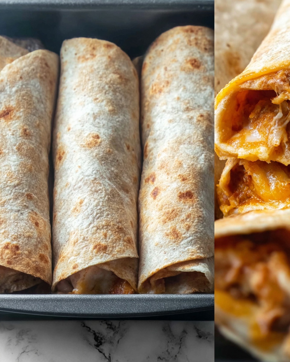 The image shows four rolled wraps placed side by side in a dark gray baking tray on a white marbled surface. Each wrap is light brown with a slightly rough texture, tightly rolled with visible folds. In the close-up, one wrap is partially open, revealing a filling of melted cheese with a light orange color and chunks of shredded meat inside. The wraps appear soft and warm, with some crispy edges and a few wilted green leaves peeking out. Photo taken with an iphone --ar 4:5 --v 7