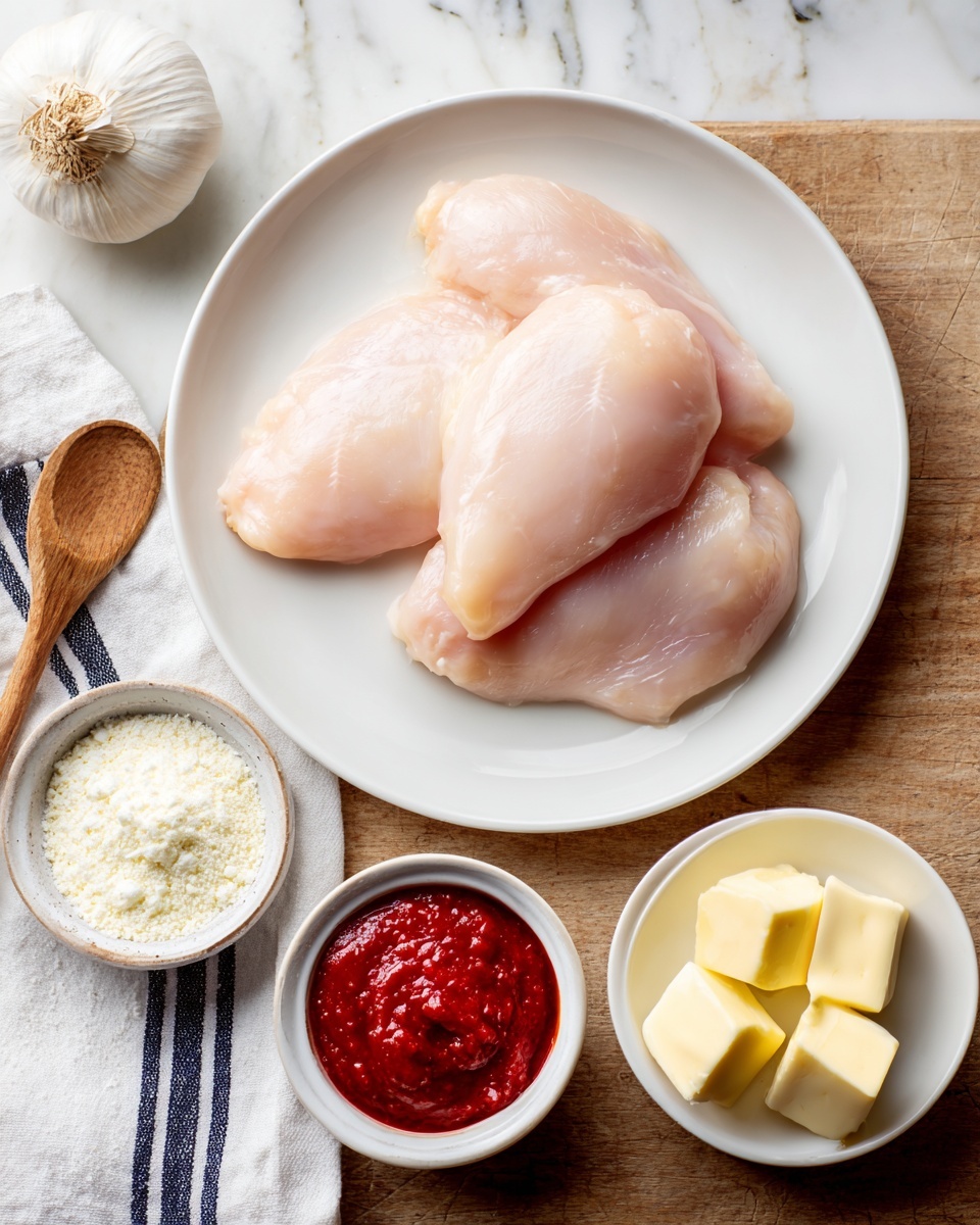 The image shows a white plate with three raw chicken pieces that are pale pink and smooth. Below the plate, there are three small white bowls: one with thick red sauce, one with white powder, and one with three small blocks of yellow butter. To the left, there is a single round garlic bulb and a wooden spoon resting on a light wood surface. A white cloth with dark blue stripes is partially visible near the bottom left corner. The background has a white marbled texture. photo taken with an iphone --ar 4:5 --v 7