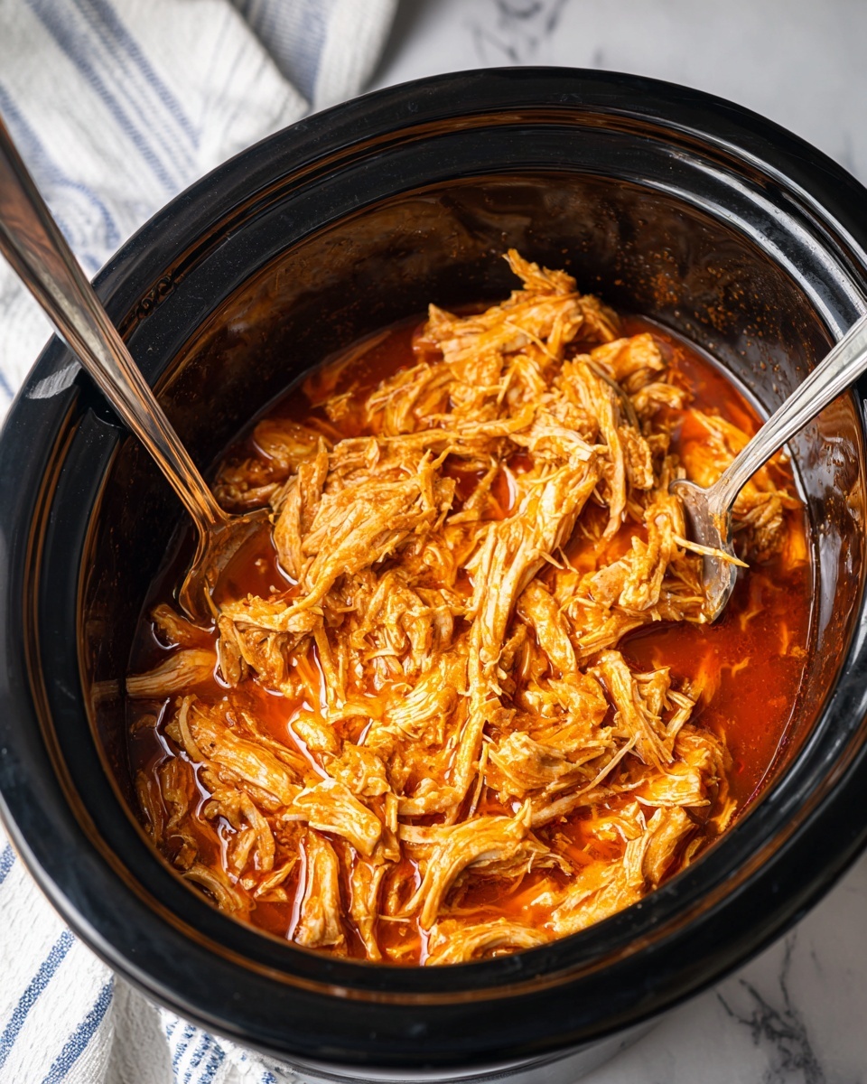 A close-up of a black round slow cooker filled with shredded chicken soaked in a reddish-orange sauce. The chicken is soft and stringy, with a juicy texture highlighted by the oily sauce pooling around it. Two metal forks are stuck into the chicken near the center, ready to mix or serve. The slow cooker sits on a white marbled surface with a white and blue striped cloth partially visible in the background. Photo taken with an iphone --ar 4:5 --v 7