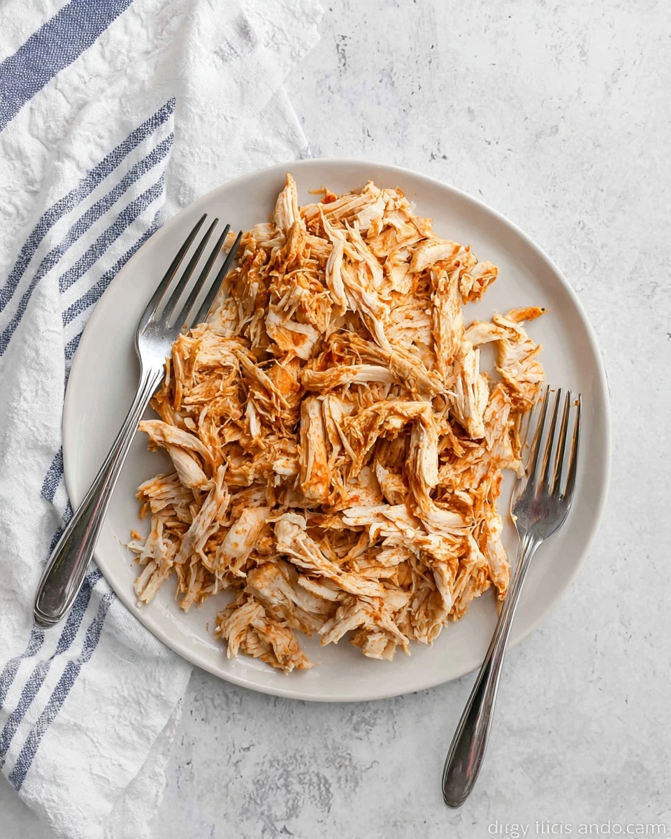 A white plate filled with shredded cooked chicken that is light brown and orange in color, spread evenly across the plate in one layer. Two silver forks rest on top of the chicken, one placed on the left and the other on the right side of the plate. The plate sits on a surface with a white marbled texture, and a white cloth with blue horizontal stripes is partially visible on the left side of the image. Photo taken with an iphone --ar 4:5 --v 7