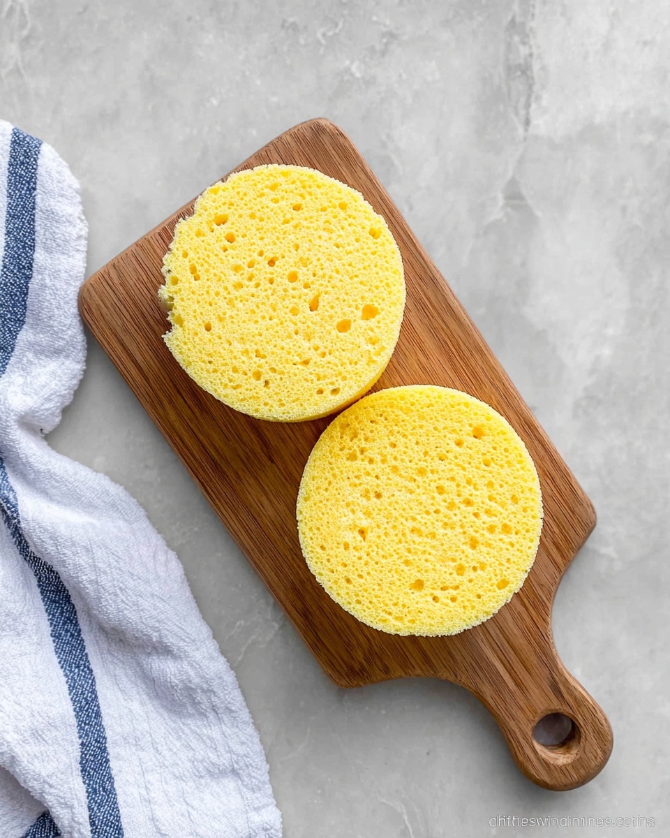 The image shows two round, yellow sponge cake layers placed side by side on a small wooden cutting board with a handle. Each cake layer has a soft, airy texture with visible small holes and a slightly uneven surface. The cutting board is on a white marbled surface, and there is a white cloth with blue stripes partially visible on the left side. The scene is simple and clean, highlighting the bright yellow color and light texture of the cake layers photo taken with an iphone --ar 4:5 --v 7