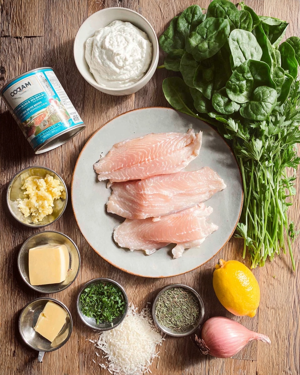The image shows a flat white plate with four pieces of raw, light pink fish fillets layered slightly over each other in the center. Above the plate, a small white bowl holds a dollop of thick white cream. Surrounding the plate are fresh dark green spinach leaves on the upper right, a bunch of fresh parsley on the left bottom, a small bowl with pale yellow minced garlic to the left center, a small bowl with a light yellow square of butter below the plate, and a small bowl with dried green herbs near the bottom center. A bright yellow lemon sits to the right of the butter. A pink shallot lies near the lemon. A metal measuring cup with finely grated white cheese is on the left side. A can of coconut milk with a white and blue label stands on the lower left. All items are arranged on a wooden surface. photo taken with an iphone --ar 4:5 --v 7