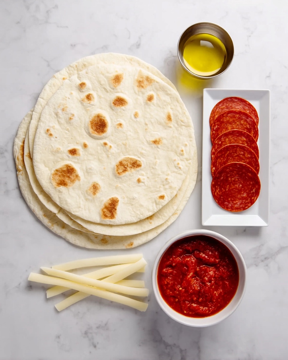 The image shows four plain white tortillas stacked on the left side, each with light brown toasty spots scattered across their surface. To the right, there is a small white rectangular plate stacked with thin, round slices of deep red pepperoni. Next to this, a shiny metal bowl filled with golden yellow olive oil reflects the light. Below the olive oil, there is a small white bowl filled with vibrant red tomato sauce that has a slightly chunky texture. Finally, two small sticks of pale yellow string cheese lie parallel to each other on the white marbled background. The setting is clean and bright with all items neatly arranged on the white marbled surface. Photo taken with an iphone --ar 4:5 --v 7