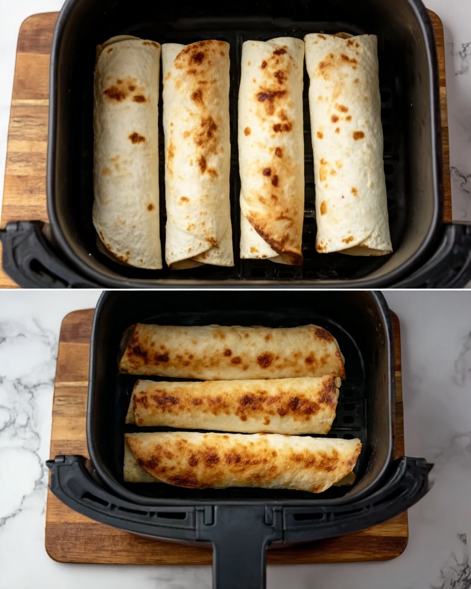 The image shows four rolled tortillas placed neatly side by side inside a black air fryer basket, which rests on a wooden board with a white marbled surface underneath. The tortillas are light in color with some toasted brown spots on top, indicating they are being cooked or warmed. The second part of the image shows the same four rolled tortillas now golden brown and crispy, evenly toasted with a slightly rough texture on the outer layer. The air fryer basket remains black and is inside the appliance with the white marbled surface faintly visible around it. photo taken with an iphone --ar 4:5 --v 7