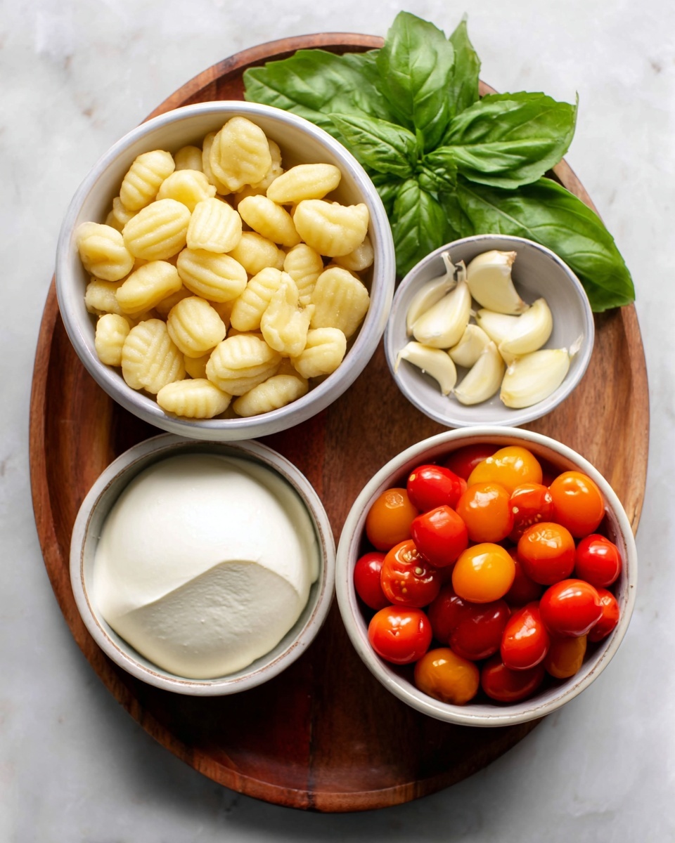 The image shows a round wooden board with five white bowls arranged on it, placed on a white marbled surface. The top left bowl is filled with pale yellow gnocchi shaped with small ridges, and behind it are large green basil leaves. To the top right, a small bowl holds several peeled garlic cloves with a few separated pieces. On the bottom left, there is a bowl with thick white cream. Next to it, a smaller bowl contains a smooth white ball of fresh mozzarella. At the bottom center, a medium white bowl is filled with bright red and orange cherry tomatoes. The arrangement is neat and colorful, showing fresh ingredients ready to be used for cooking, photo taken with an iphone --ar 4:5 --v 7