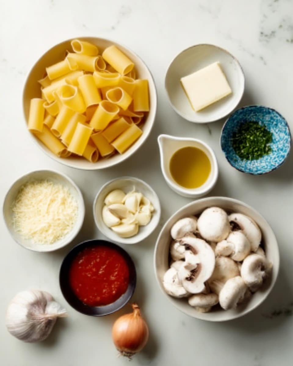 The image shows a white marbled surface with various small bowls and ingredients arranged neatly. On the left, there is a white bowl filled with large, tube-shaped yellow pasta. Around it are small white bowls containing grated cheese, butter, cream, and a small white jug holding golden olive oil. There is also a small black bowl with red sauce, a blue patterned bowl with peeled garlic cloves, and another small bowl with chopped green herbs. Fresh white mushrooms sit in a larger white bowl to the right, and a shallot is placed near the bottom left. Everything is organized in a clean and simple layout. Photo taken with an iphone --ar 4:5 --v 7