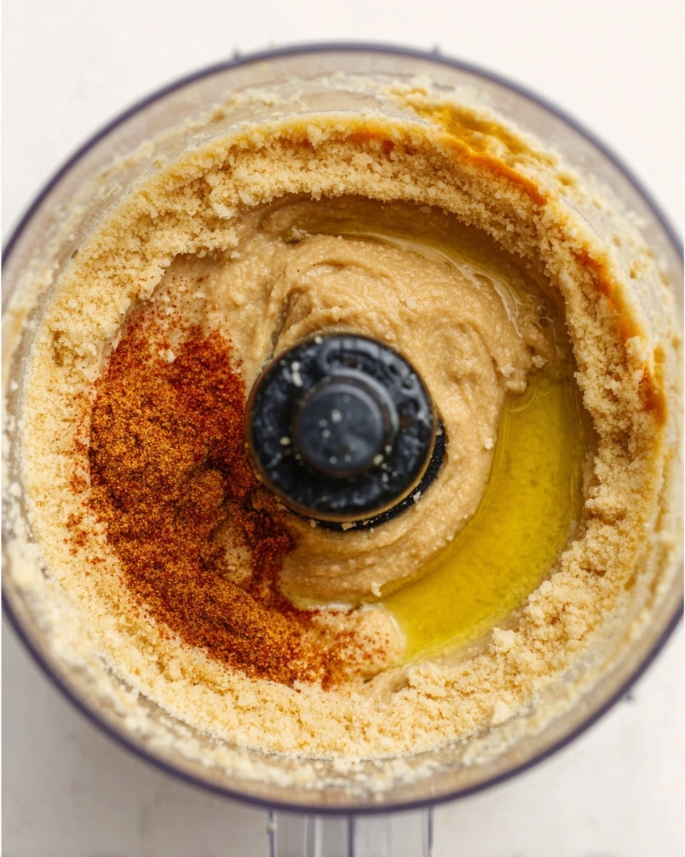 A clear food processor bowl on a white marbled surface is filled with a thick beige mixture. On top of this mixture, there is a small pool of golden yellow oil mainly on the right side and a reddish-brown spice powder on the left side. The center of the bowl shows the black plastic part of the processor blade holder. The texture of the beige mixture looks coarse and grainy, almost like ground nuts or flour. Photo taken with an iphone --ar 4:5 --v 7