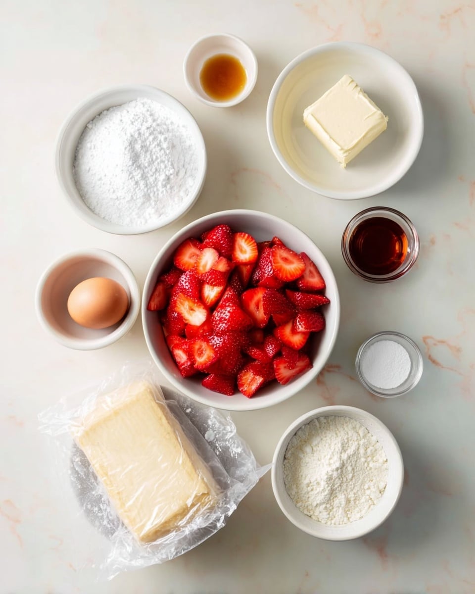 The image shows a white bowl filled with bright red sliced strawberries at the center, surrounded by six smaller white bowls with different baking ingredients placed on a white marbled surface. At the top left, a bowl holds white powdered sugar. To its right is a square piece of softened butter in foil wrap, next to a small glass cup with light brown vanilla extract. At the bottom left, there is an unopened block of puff pastry wrapped in paper, and to its right, a small bowl with a light brown egg and another small bowl with white powder, possibly flour or cornstarch. The whole setup is neatly arranged in a circular form against the white marbled background. photo taken with an iphone --ar 4:5 --v 7