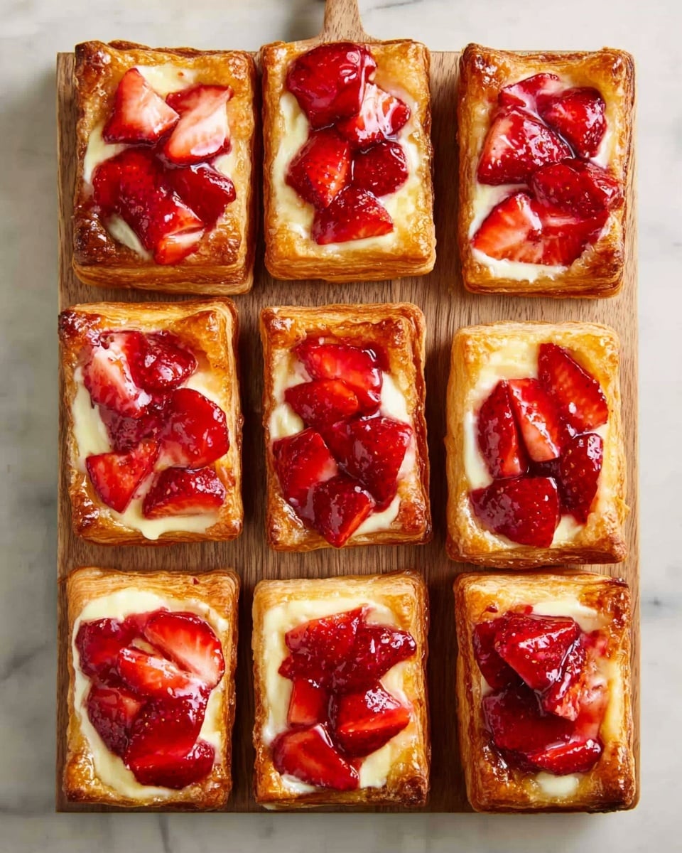 The image shows nine rectangular pastries arranged in three rows of three on a wooden board placed on a white marbled surface. Each pastry has a golden-brown crust with a slightly puffed, flaky texture. Inside the crust, there is a creamy white layer, topped with a bright red layer of fresh sliced strawberries mixed with a shiny glaze. The strawberries are spread unevenly on each pastry, giving a fresh and juicy look to the dessert photo taken with an iphone --ar 4:5 --v 7