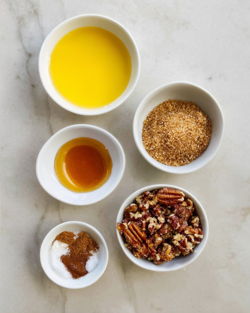 The image shows five white bowls of different sizes placed on a white marbled surface. The top right bowl holds melted yellow butter with a smooth texture and some small bubbles. To the left, a larger bowl is filled with light brown sugar that looks soft and crumbly. Below the sugar bowl, there is a small bowl containing a dark amber liquid, placed next to a tiny bowl with a mix of white granulated sugar and brown cinnamon powder. At the bottom right, a medium bowl is filled with chopped pecans showing a mix of light brown pieces and darker brown shells. Photo taken with an iphone --ar 4:5 --v 7