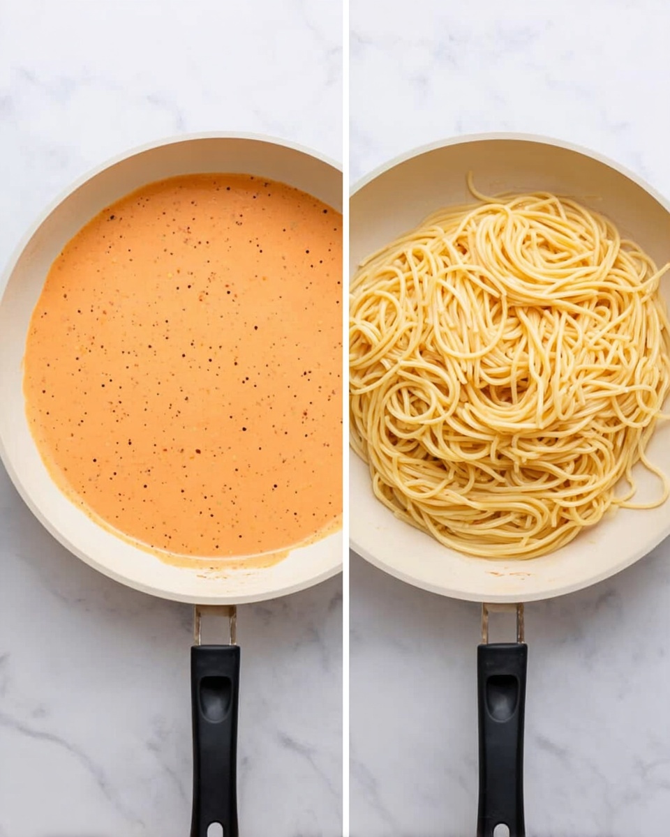 Two side-by-side images show a white pan with a black handle on a white marbled surface. The left image shows the pan filled with a smooth, pale orange sauce with small black specks. The right image shows the same pan with the sauce layer at the bottom and a pile of pale yellow cooked spaghetti on top in the center. The noodles are simple, long, and tangled loosely. photo taken with an iphone --ar 4:5 --v 7