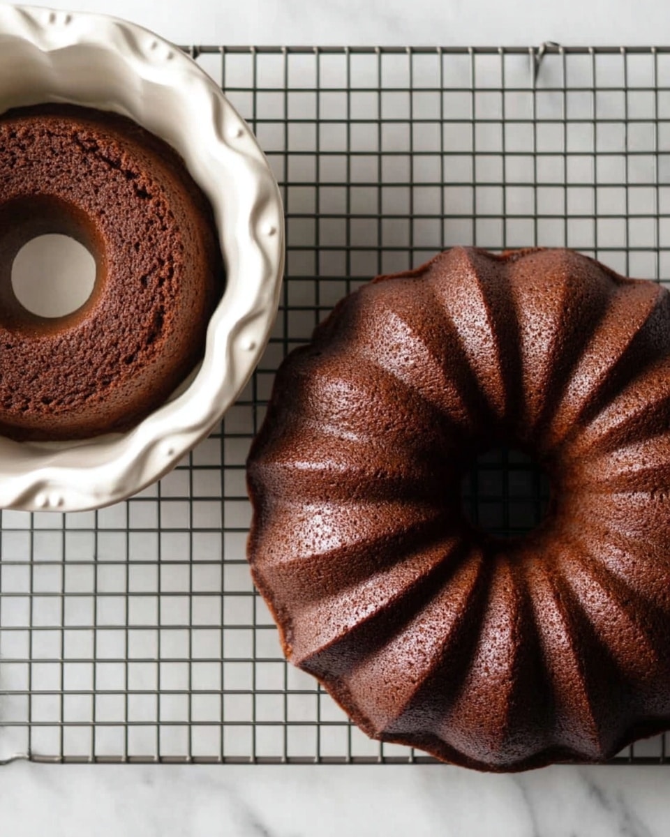 The image shows two chocolate bundt cakes side by side. On the left, the cake is still in a white bundt pan with a textured edge and the cake surface is rich dark brown with small cracks. On the right, the cake is taken out of the pan and placed on a white square grid drying rack. It has an even darker brown color with a smooth surface shaped with curved ridges all around the ring. The background is a white marbled surface. photo taken with an iphone --ar 4:5 --v 7