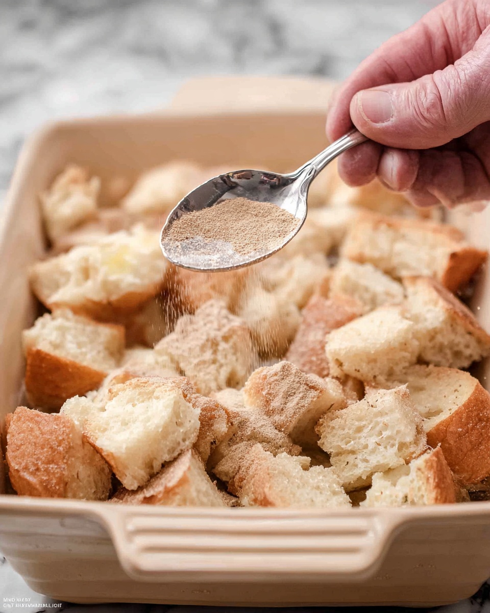 A close-up view of a light beige baking dish filled with roughly chopped pieces of soft white bread, soaking in a clear liquid. On top, a silver spoon held by a man's hand is sprinkling a fine light brown powder over the bread pieces. The setting shows a focus on the bread's texture with soft crumbs and a lightly wet surface from the liquid. The background has a white marbled texture. Photo taken with an iphone --ar 4:5 --v 7