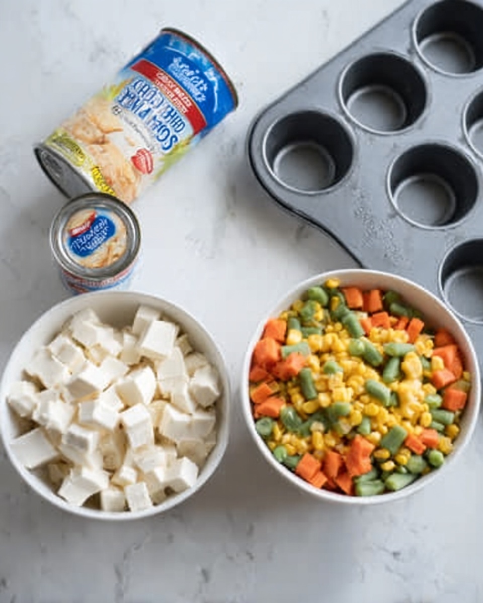 The image shows a white bowl filled with small white cheese cubes, sitting next to an open can of cream of chicken soup and a closed blue can of biscuits. There is also a white bowl full of colorful mixed vegetables made of green beans, orange carrots, and yellow corn. All these items are placed on a white marbled surface near a grey muffin tin with empty cups. A woman's hand is slightly visible near the top right corner. photo taken with an iphone --ar 4:5 --v 7