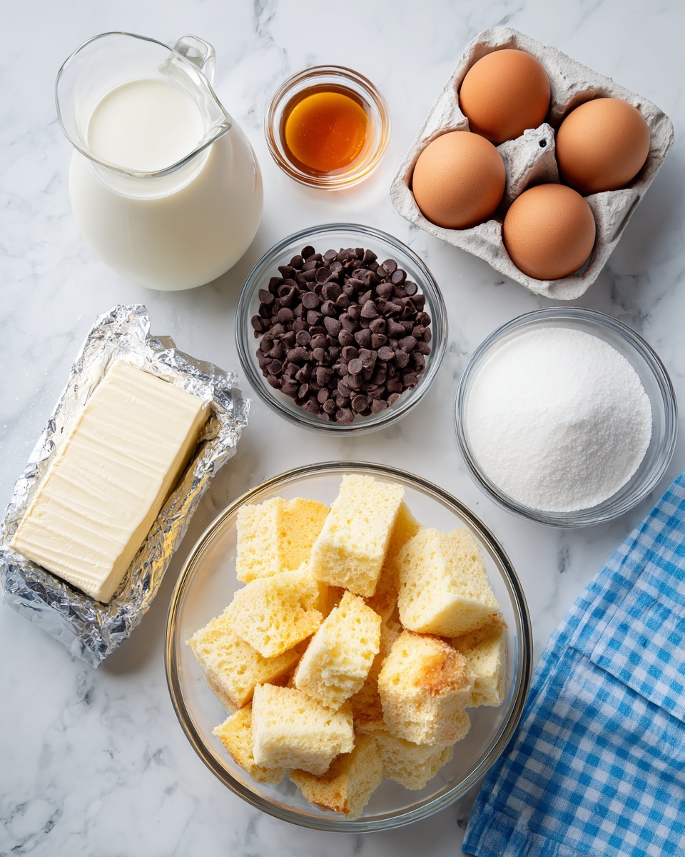 The image shows several clear glass bowls and packages placed neatly on a white marbled surface. One large bowl at the bottom center holds golden yellow cubed bread pieces with a rough, airy texture. To the right of this is a smaller bowl filled with tiny dark brown chocolate chips. Above these, a medium bowl contains fine white sugar with a smooth surface. To the left is a rectangular block of cream cheese in silver foil, with a creamy white color and soft texture. On the top left, a glass jug holds thick white milk, and next to it is a small glass cup filled with amber-colored vanilla extract. On the top right, there is a white carton holding three brown eggs. A folded blue and white checkered cloth lies at the bottom right corner. The photo taken with an iphone --ar 4:5 --v 7