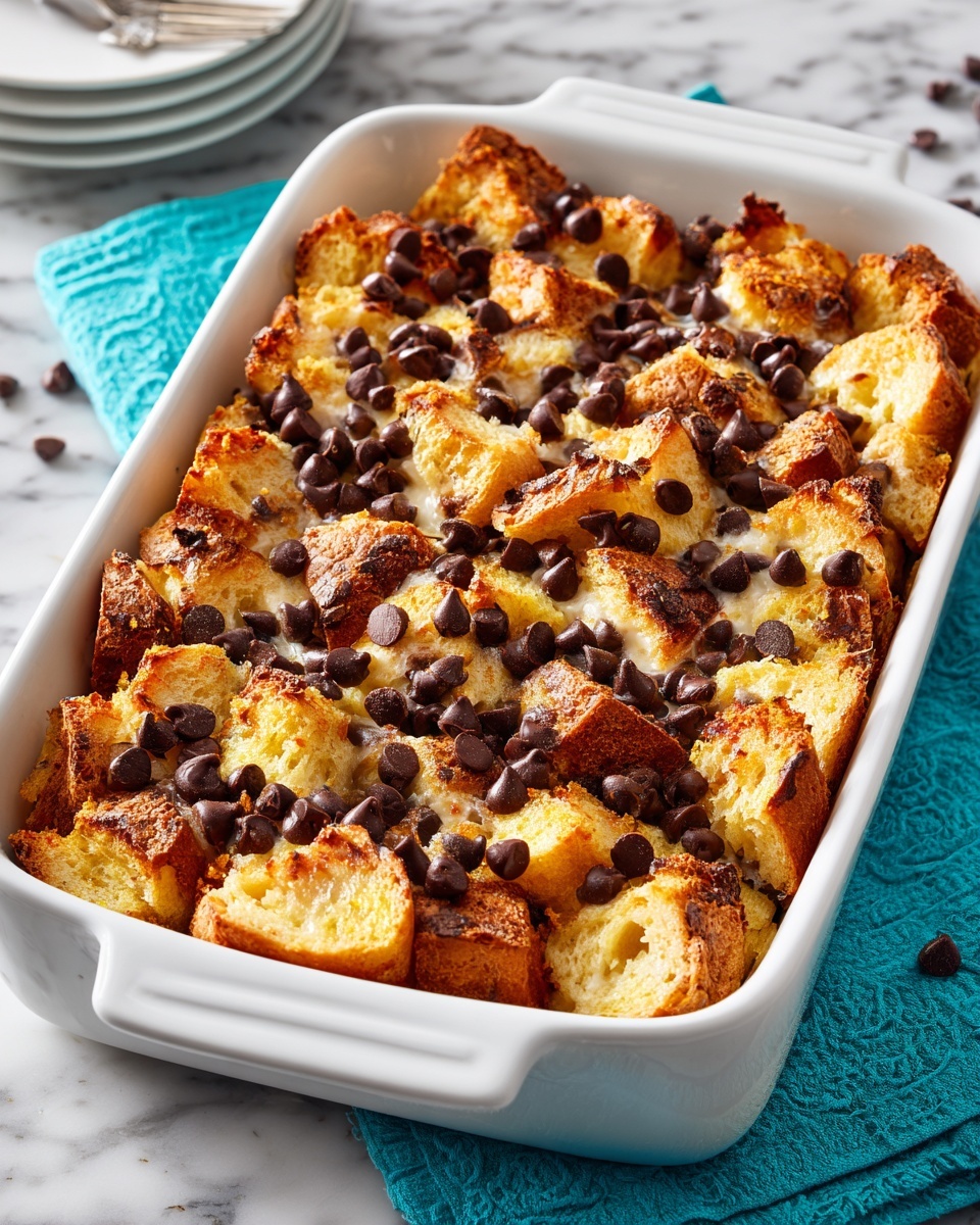 A white rectangular baking dish filled with a golden brown baked dessert, showing uneven, fluffy layers of toasted bread pieces on top, with a generous spread of small dark chocolate chips scattered evenly over the surface. The edges of the bread pieces are crisp and slightly darker, giving a crunchy texture, while the inside looks soft and moist. The dish sits on a white marbled surface with a turquoise cloth napkin nearby. Photo taken with an iphone --ar 4:5 --v 7