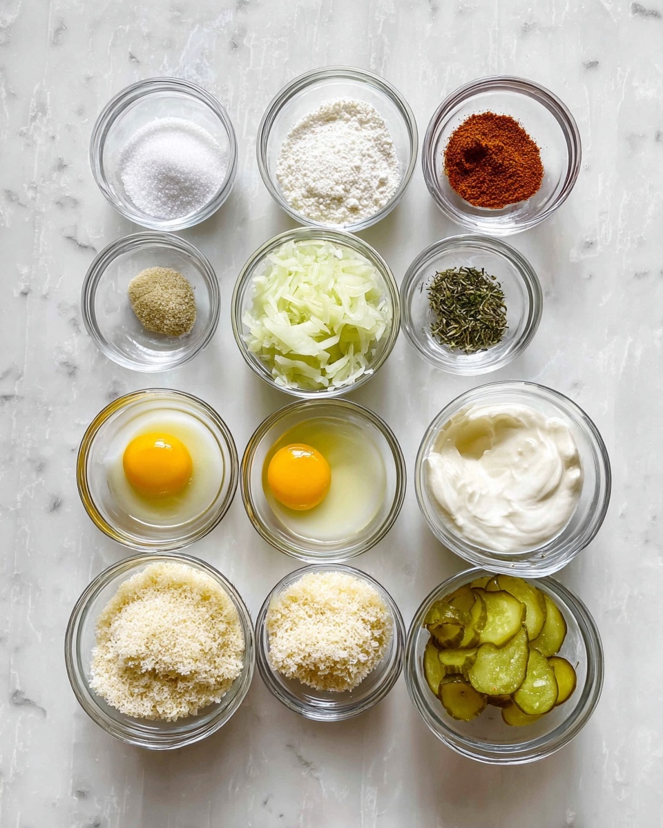 A white marbled surface holds eleven small clear glass bowls arranged neatly in three rows; the top row has five bowls with white salt crystals, reddish-brown sauce, white flour, dark green herbs, and black pepper; the middle row contains four bowls with shredded white onion, two yellow egg yolks in clear liquid, a thick white cream, and minced light yellow garlic; the bottom row has two bowls with panko breadcrumbs that are pale beige and sliced green pickles with ruffled edges, all textures visible through the glass bowls photo taken with an iphone --ar 4:5 --v 7