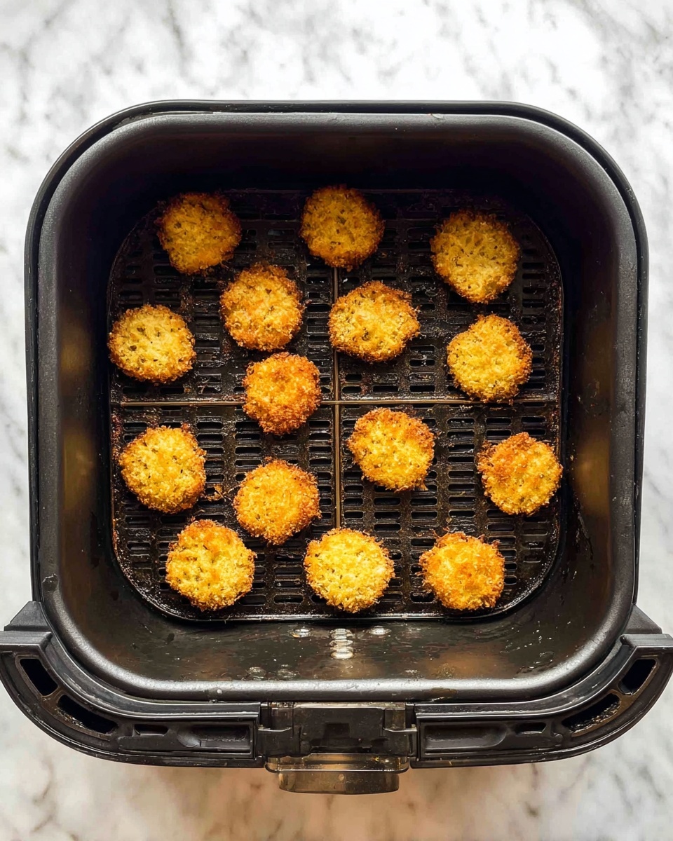 Inside a square black air fryer basket with a slightly worn look, there are about 18 small, round, golden-brown crispy pieces evenly spaced on a grid-like black rack. The pieces have rough, crunchy textures and vary slightly in size. The basket sits on a white marbled surface that contrasts with the dark fryer. The photo is clear and taken from above, showing the arrangement and details of each piece. photo taken with an iphone --ar 4:5 --v 7