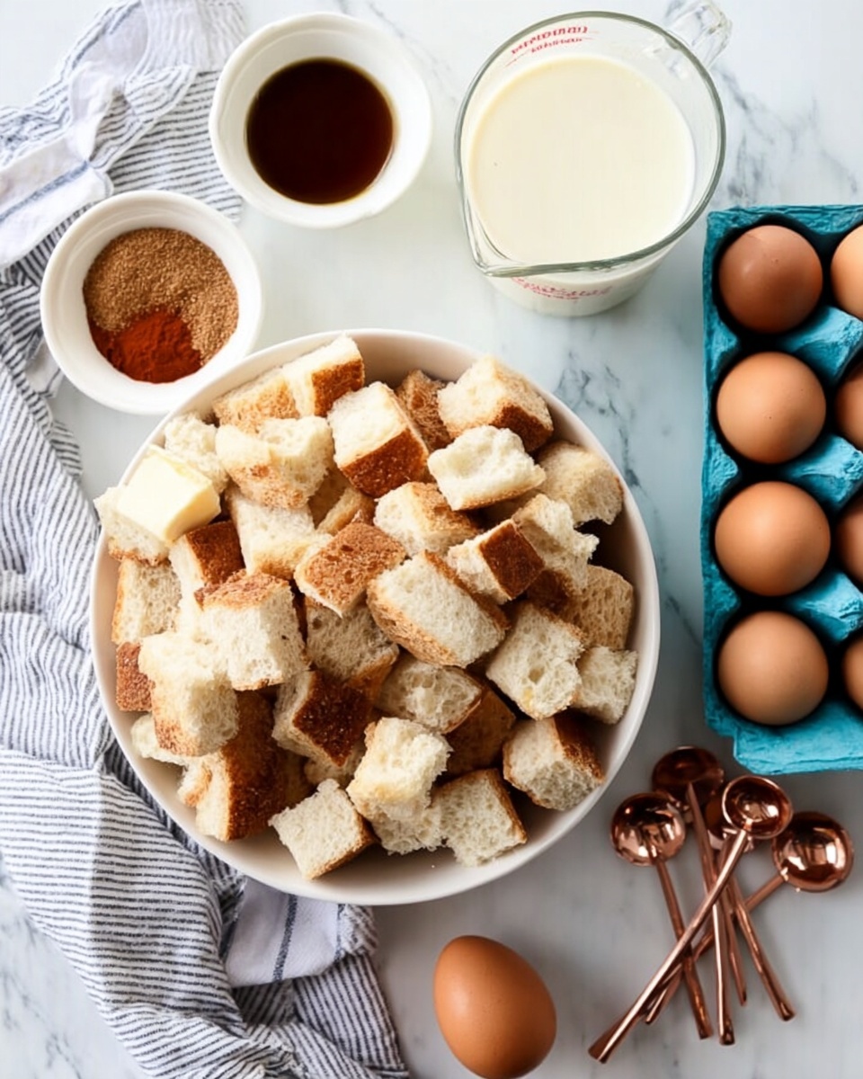 A white bowl filled with many pieces of cubed bread, showing a mix of white and light brown crusts. Next to the bowl, there are two small white dishes, one with a dark brown liquid and the other with a reddish powder. A striped cloth napkin lies to the left side. To the right, there is a blue egg carton holding six brown eggs, with two eggs outside the carton. Nearby, a glass measuring cup is filled with white milk, and on top of the white marbled surface, three small stacked copper measuring spoons are placed. The photo taken with an iphone --ar 4:5 --v 7