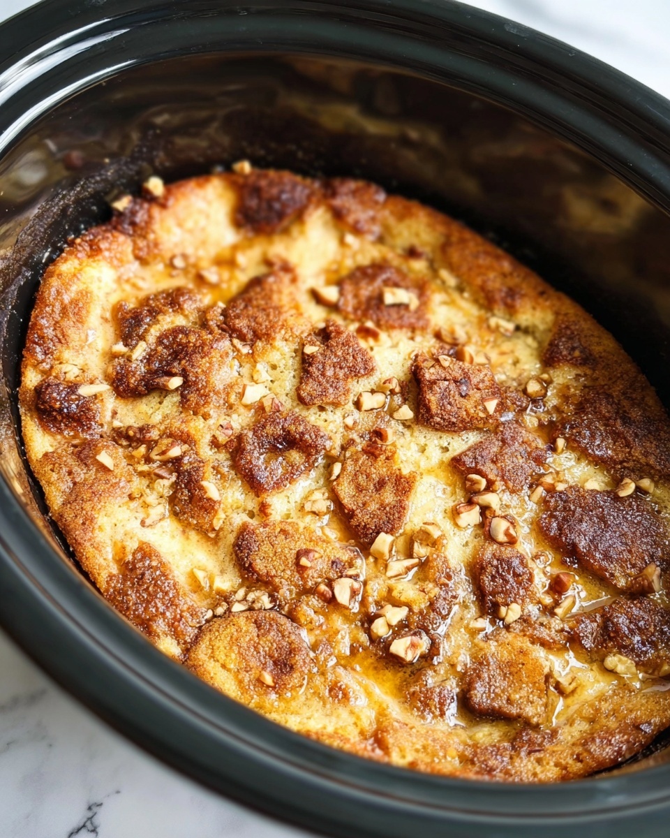 A close-up view of a baked dessert inside a black slow cooker, showing a top layer of golden-brown, irregular pieces with a slightly crispy, caramelized texture. The surface is uneven and bubbly with spots of melted butter and cinnamon, giving it a warm, rich look. Small bits of chopped nuts are scattered across the top, adding texture and depth. The background features a white marbled surface surrounding the slow cooker. photo taken with an iphone --ar 4:5 --v 7