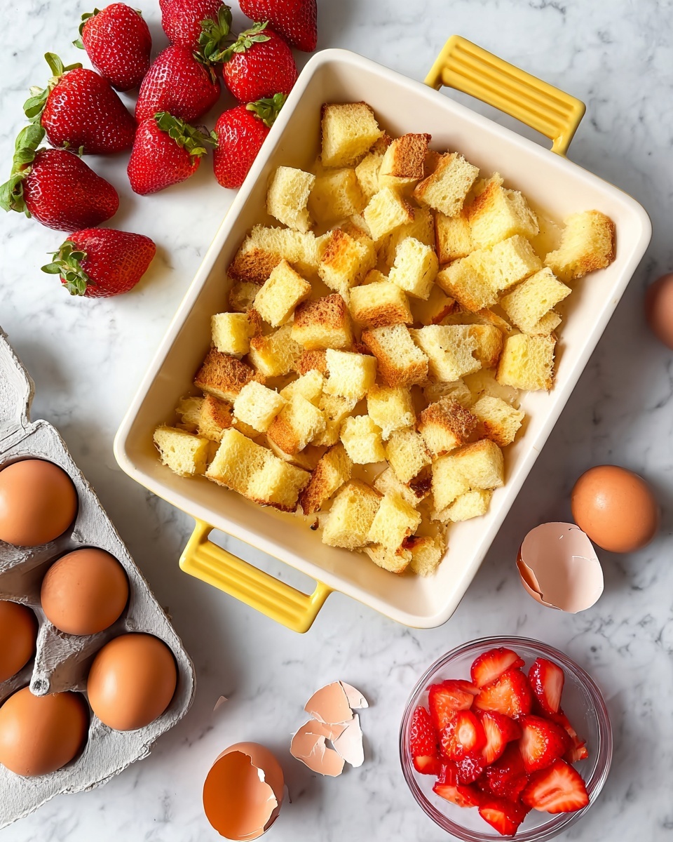 A white rectangular baking dish with yellow handles holds a single layer of small, light golden-yellow bread cubes with some light brown edges scattered unevenly. To the left of the dish, there are six bright red whole strawberries with green leaves resting on a white marbled surface. At the bottom left, a gray egg carton holds seven brown eggs, with two cracked eggshell halves placed nearby on the marble. On the bottom right, a small clear glass bowl contains sliced red strawberries with a juicy texture. The whole setup is on a white marbled background, and the scene is brightly lit. photo taken with an iphone --ar 4:5 --v 7