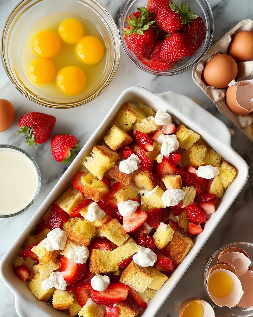 A white rectangular dish filled with three visible layers: the bottom layer is a mix of golden-yellow soft bread cubes, the middle layer consists of red sliced strawberries scattered evenly, and the top layer has small white dollops of cream spread across the bread and strawberries. Around the dish on a white marbled surface, there are whole fresh strawberries, a clear bowl with eight raw egg yolks in yellowish liquid, some cracked empty egg shells, a clear bowl with additional strawberry pieces, and a clear container with white milk. photo taken with an iphone --ar 4:5 --v 7
