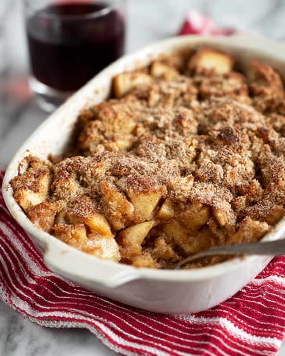 The image shows a white baking dish filled with a thick, rough-textured apple crumble, with visible chunks of golden-brown cooked apples mixed with a crumbly topping that has a light dusting of cinnamon on top. One corner of the crumble is missing, revealing a soft, juicy apple layer underneath. The dish rests on top of a red and white striped cloth, all set against a white marbled surface. In the background, a glass of dark liquid is slightly out of focus. photo taken with an iphone --ar 4:5 --v 7